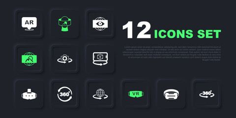 Set Virtual reality glasses, 360 degree view, Wide angle picture, and 3d modeling icon. Vector