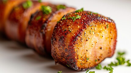 Close up of crispy, delicious bacon bites, garnished with fresh herbs. Perfect for food blogs, restaurant menus, or culinary publications.