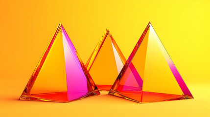 Three Transparent Prismatic Pyramids On Orange Background