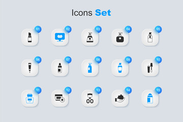 Set Shaving foam on hand, Essential oil bottle, Smiling lips, Perfume, Deodorant roll, Mascara brush, Lipstick and Bottle of shampoo icon. Vector