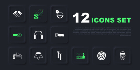 Set Tree rings, Lumberjack, Headphones, Wooden log, Chainsaw, stump, beam and Metallic nails icon. Vector