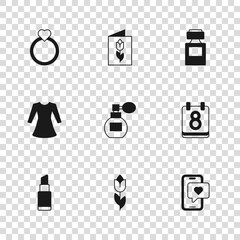 Set Flower tulip, Calendar with 8 March, Mobile heart, Perfume, Diamond engagement ring, Greeting card and Woman dress icon. Vector