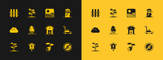 Set Well, Bird house, Farm, Sprout, Fruit tree, Agriculture wheat field farm, Garden fence wooden and icon. Vector