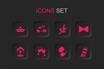 Set Wine glass, Scooter, Carnival mask, Olives, Macaroni, Leaning tower Pisa, branch and Pope hat icon. Vector