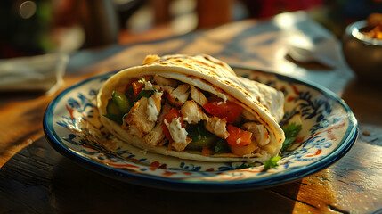 food, meal, chicken, wrap, bread, meat, plate, pancake, breakfast, tortilla, snack, dinner, lunch, cheese, fresh, tasty, crepe, sandwich, white, healthy, delicious, gourmet, dish, burrito, salad