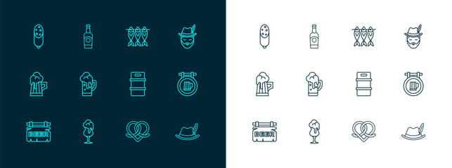 Set line Oktoberfest man, Glass of beer, Metal keg, Pretzel, Dried fish, Salami sausage and Beer bottle icon. Vector