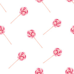 Watercolor seamless pattern with pink and white swirl lollipops on white. Hand-painted candy design perfect for printables, packaging, kids projects, textiles, and festive branding.