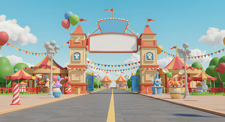 Blank, empty amusement park gate, 3d rendering, isolated entrance mockup with signage for event or theme branding template.