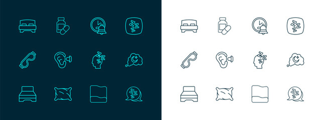 Set line Sleepy, Pillow, Dreams, Earplugs and ear, Alarm clock, Big bed and Sleeping pill icon. Vector