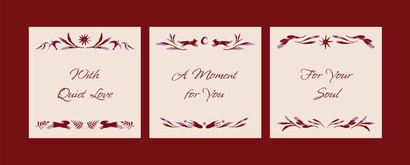 Three autumn greeting card templates with foxes, birds, leaves, stars and berries. Decorative hand drawn elements in seasonal style. Illustration for postcards, invitations, banners, print.