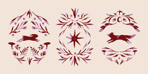 Decorative compositions with foxes, mushrooms, berries, branches and floral elements. Abstract layout. Illustration for stickers, prints, cards, posters. Vector illustration.