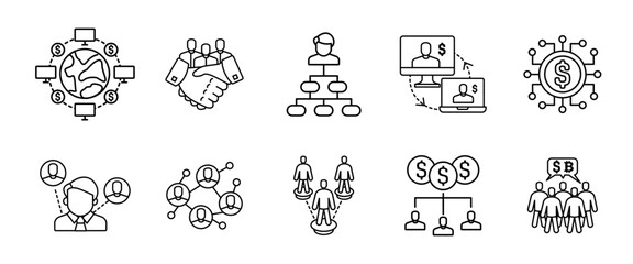 Business communication icon set. Network with global connections and financial teamwork vector illustration. Corporate interaction symbol. Digital economy line sign. Marketing flow outline pictogram.