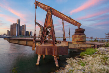 The Detroit, Michigan, USA skyline as seen from across the Detroit River in Windsor, Ontario, Canada