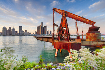 The Detroit, Michigan, USA skyline as seen from across the Detroit River in Windsor, Ontario, Canada