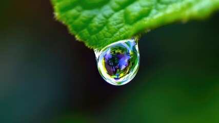 Emerald Tear: A singular, glistening water droplet clings delicately to the edge of a vibrant green leaf, the image reflecting nature's exquisite details and purity.
