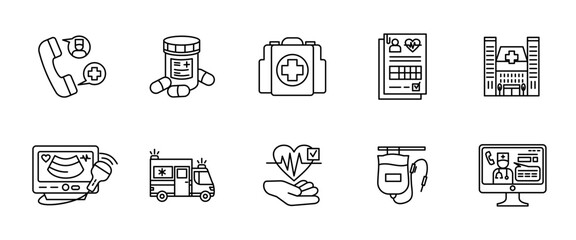 Medical elements icon set. Hospital and emergency outline vector illustration collection. Healthcare and treatment concept sign. Patient care and diagnosis line pictogram.