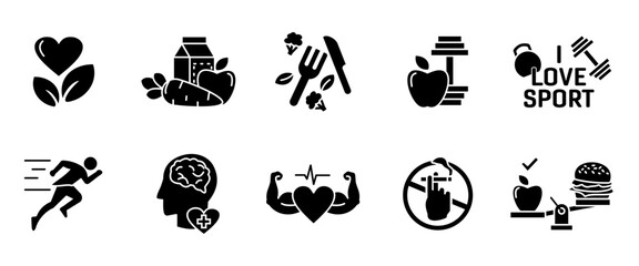 Healthy lifestyle icon set. Fitness and nutrition black symbols. Wellness and active lifestyle vector illustration. Energy, vitality and strength concept glyph sign.