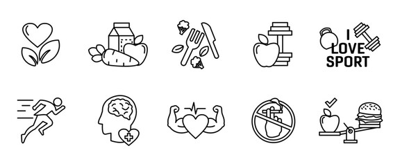 Healthy lifestyle icon set. Fitness and nutrition outline symbols. Wellness and active lifestyle vector illustration. Energy, vitality and strength concept line sign.