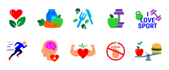 Healthy lifestyle icon set. Fitness and nutrition colorful symbols. Wellness and active lifestyle vector illustration. Energy, vitality and strength concept colored sign.