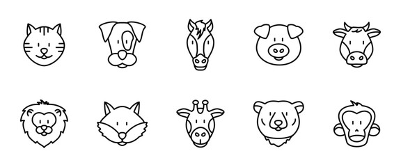 Cute cartoon animal faces icon set. Cat, dog, horse, pig and cow domestic pets symbols. Lion, fox, bear and monkey wildlife creatures vector illustration. Forest or zoo animal heads outline collection