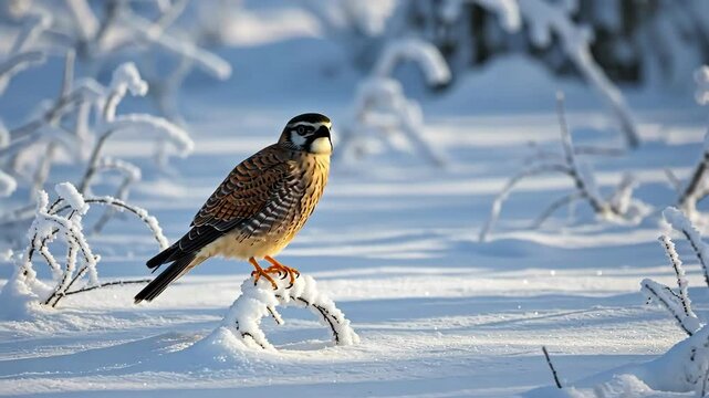 American kestrel perched on snowy branch in winter.