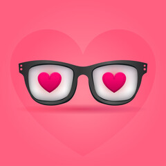 Love Glasses – Flat Vector with Hearts Reflected in Lenses on Pink Background