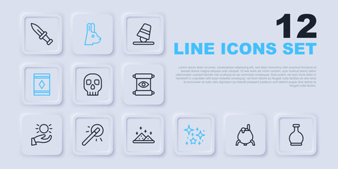 Set line Witch cauldron, Bottle with potion, Skull, Magical glitter particles, carpet, wand, Rabbit ears and powder icon. Vector