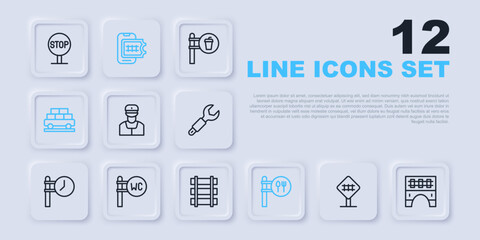 Set line Railroad crossing, Bridge for train, Train conductor, Cafe and restaurant location, Cargo wagon, Toilet, Online ticket booking and Railway, railroad track icon. Vector