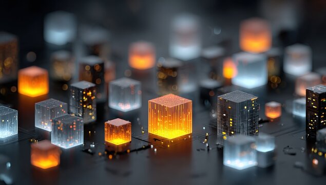 Glowing orange and blue cubes resembling buildings form a futuristic cityscape on a circuit board, evoking themes of technology, innovation, and the metaverse