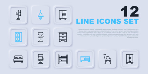 Set line Armchair, Wardrobe, Office, TV table stand, Lamp hanging and Bunk bed icon. Vector