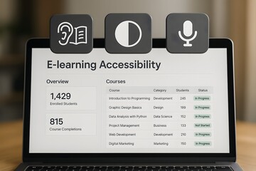 A laptop showcasing the concept of e-learning and accessibility, featuring visual representations of online courses, catering to diverse learners.