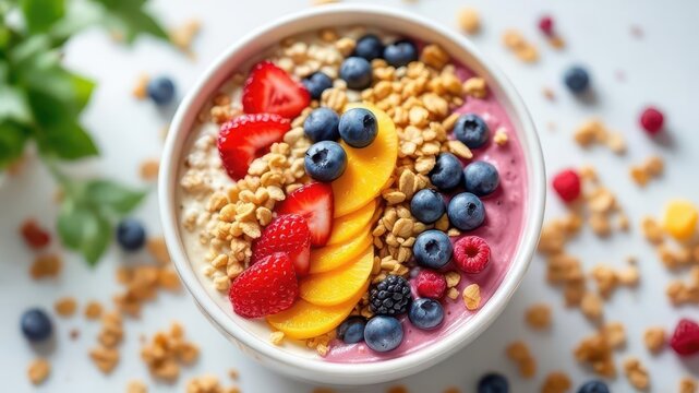 Colorful Breakfast Bowl: A vibrant and appetizing bowl of breakfast cereals, bursting with fresh berries and a mix of other delicious fruits. - Powered by Adobe