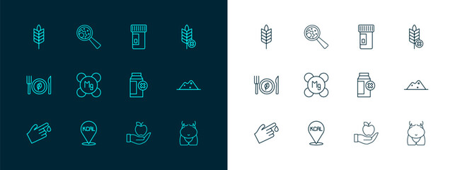 Set line Gluten free grain, Kcal, Lactose intolerance, Apple, Magnesium, Vitamins, Wheat and GMO icon. Vector
