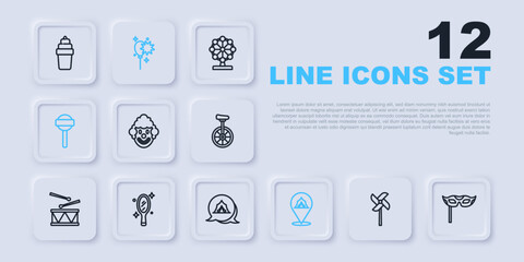 Set line Pinwheel toy, Festive mask, Clown head, Circus tent, Lollipop, Magic hand mirror, Balloons with ribbon and icon. Vector © Iryna