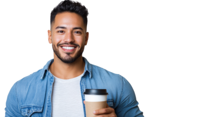 Cheerful man enjoys coffee urban portrait photography bright city atmosphere close-up view joyful lifestyle vibes