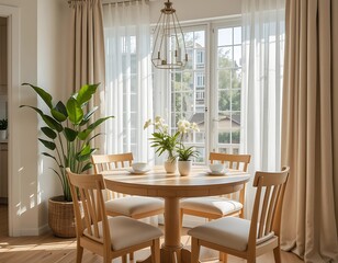 Fototapeta premium Bright apartment dining area with a round pine table, cushioned beige chairs, green plants in woven baskets.