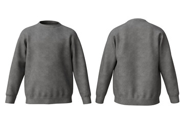 A heather gray crewneck sweatshirt, shown in front and back views, features long sleeves and a relaxed fit.  Suitable for casual wear © omkuhh