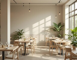 Fototapeta premium Calm and airy dining zone with pale wooden furniture, low plant stands, neutral-toned walls, and a soft, peaceful ambiance filled with greenery.