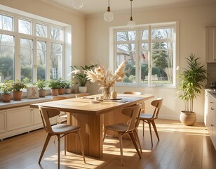 Fototapeta premium Sunny dining space with a clean-lined oak table, curved Scandinavian chairs, a centerpiece of dried flowers, and potted plants placed along a window bench.