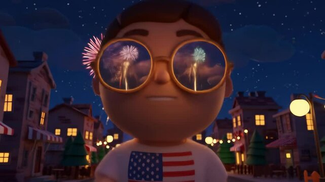 Young animated boy wearing glasses marvels at fireworks above a festive town