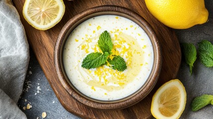 Fresh Lemon Cream Dip with Mint Garnish in Wooden Bowl
