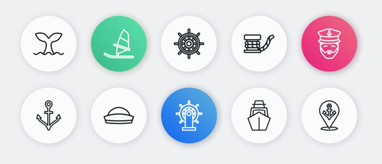 Set line Ship steering wheel, Captain of ship, Anchor, Yacht sailboat, Marine bollard with rope, Location anchor and Sailor hat icon. Vector