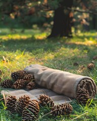 A rolled blanket resting on green grass surrounded by pine cones under a shaded tree