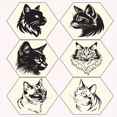 black and white vector set of cat head