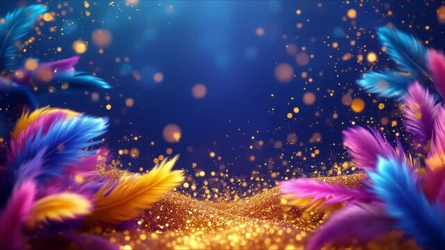 Vibrant Carnival Feathers on a Glittering Gold Background, mardi gras concept