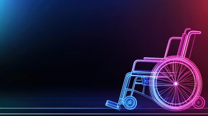Neon glow outlines a wheelchair, set against gradient backdrop
