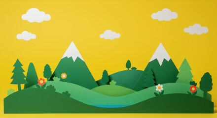 Cheerful paper craft landscape with mountains flowers and trees on yellow background