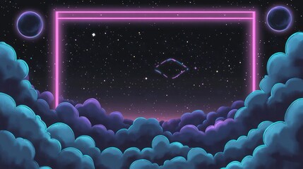 Cloudscape beneath a vibrant neon frame floating amid a starry celestial expanse