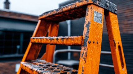 Close-up of an old, rusty orange ladder outdoors with a blurred background