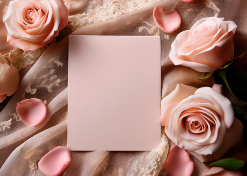 Mockup modelo cart&atilde;o de casamento, anivers&aacute;rio, cat&atilde;o em branco com rosas flores p&eacute;talas e perolas ao redor. Arte ilustra&ccedil;&atilde;o para cart&atilde;o de felicita&ccedil;&otilde;es, convite para festa festividades. 